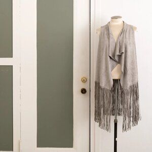 Faux Suede Fringe Vest: Gray Boho Cardigan Jacket